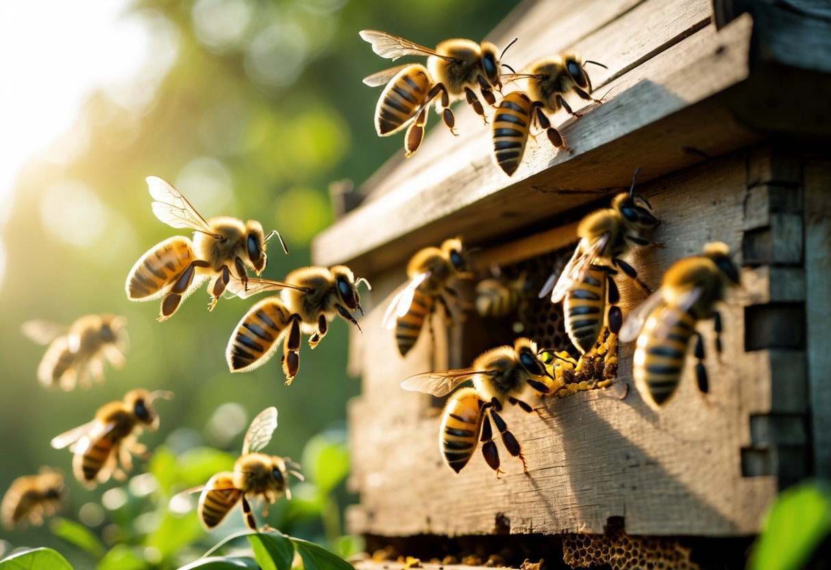 Close-up of honeybees flying and gathering around a hive entrance in a sunlit outdoor setting during mid-morning.