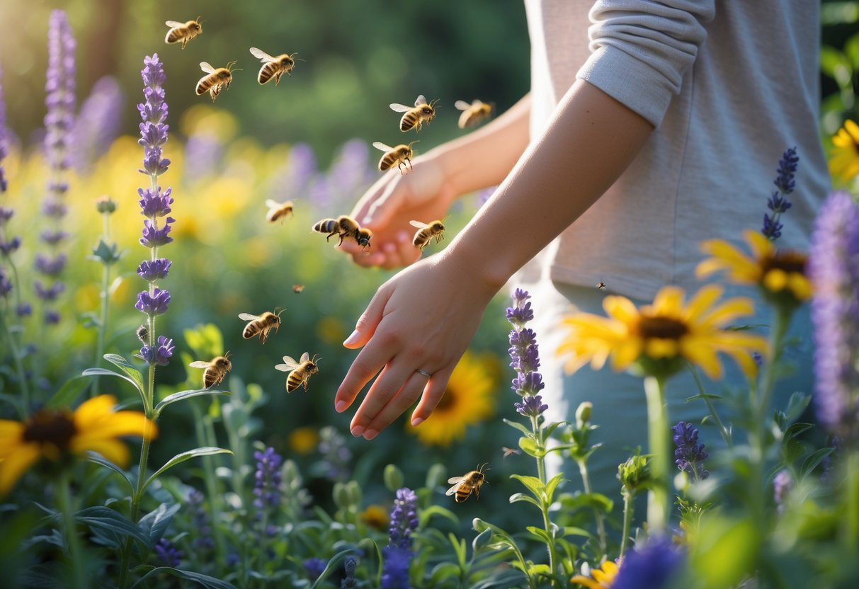 A person standing in a garden surrounded by flowers with bees flying near their hands and shoulders.