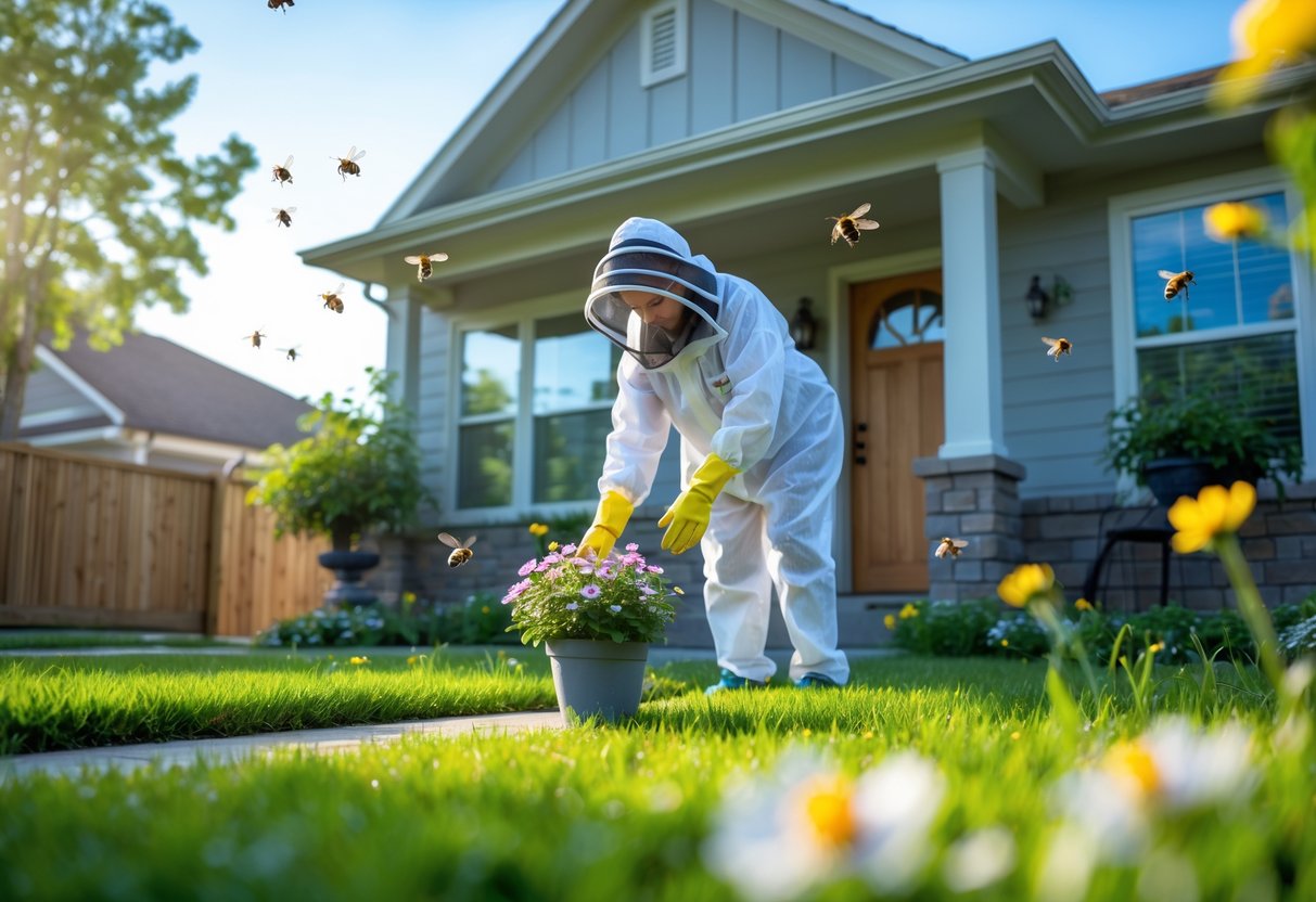 A person wearing protective clothing placing a flower pot near a house with bees flying around the front porch.