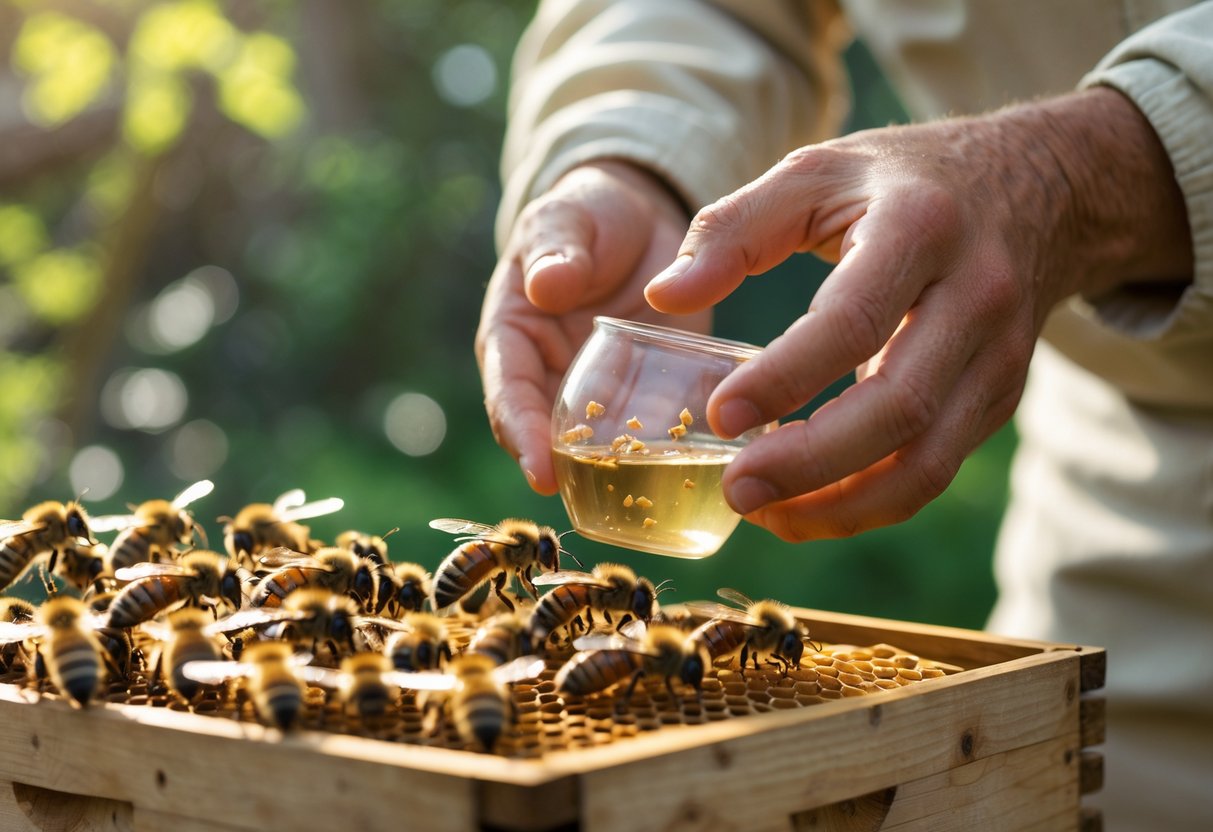 Hands feeding bees sugar water on a wooden hive frame outdoors