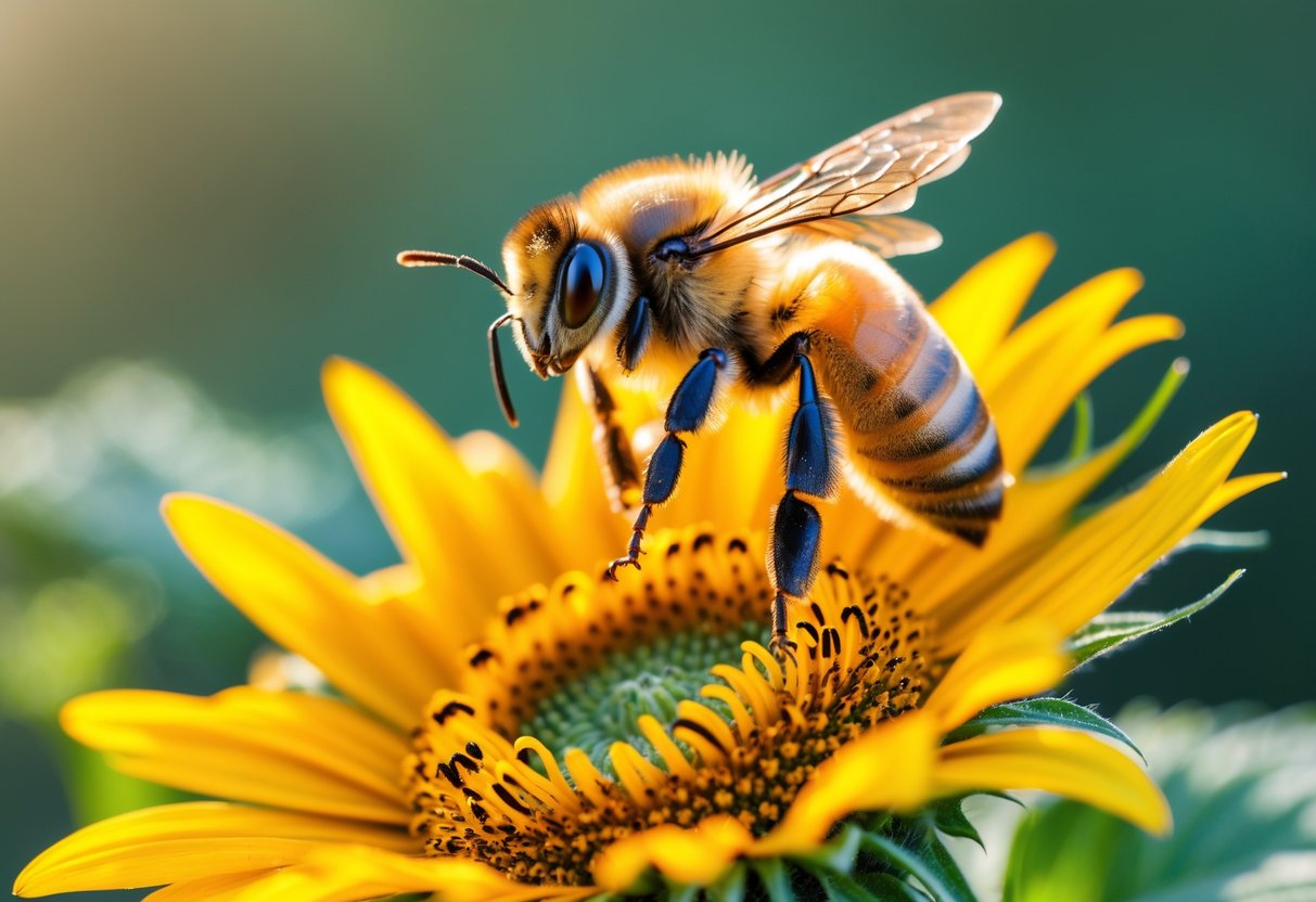 A honeybee flying towards a yellow sunflower with green foliage in the background.