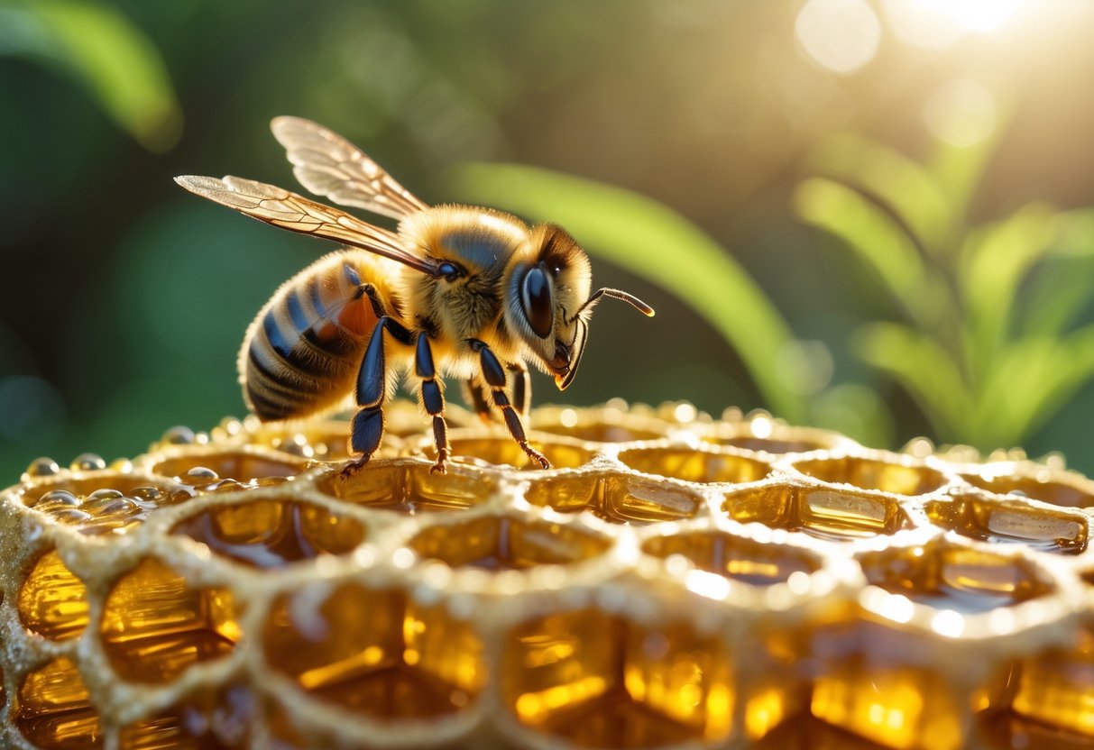 Close-up of a honeybee on a honeycomb that looks like stacks of coins with sunlight and green leaves in the background.