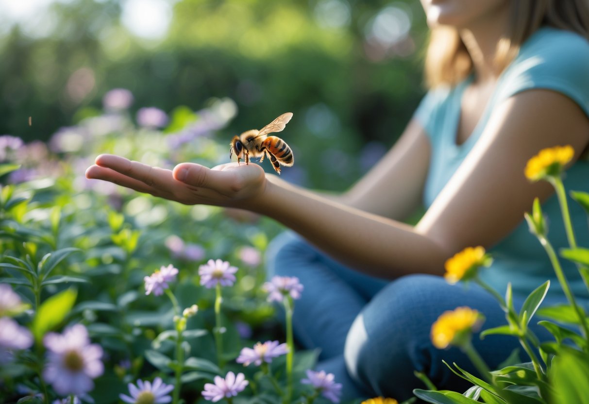 A person sitting still in a garden with a bee hovering near their hand.