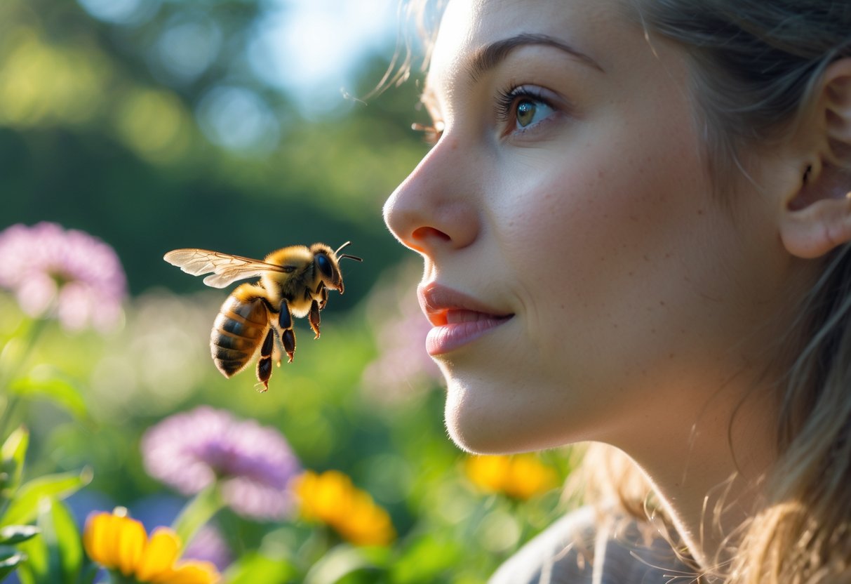 A person outdoors in a garden with a bee hovering near their face, surrounded by flowers and greenery.