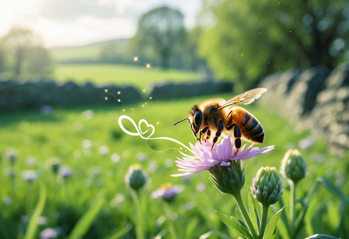 A honeybee on a wildflower in a green British countryside with stone walls and soft sunlight.