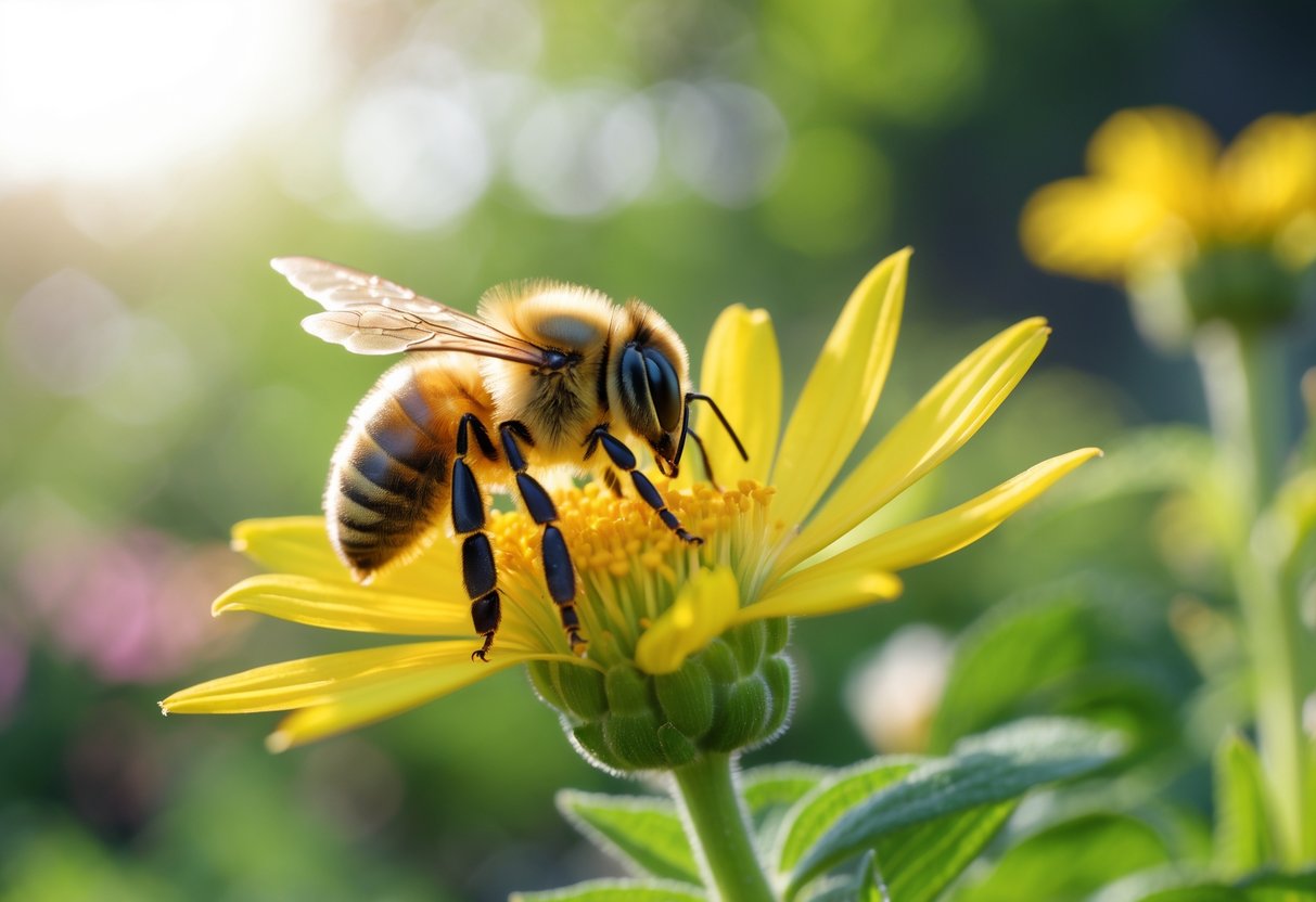A close-up of a honeybee on a yellow flower in a garden with green foliage in the background.