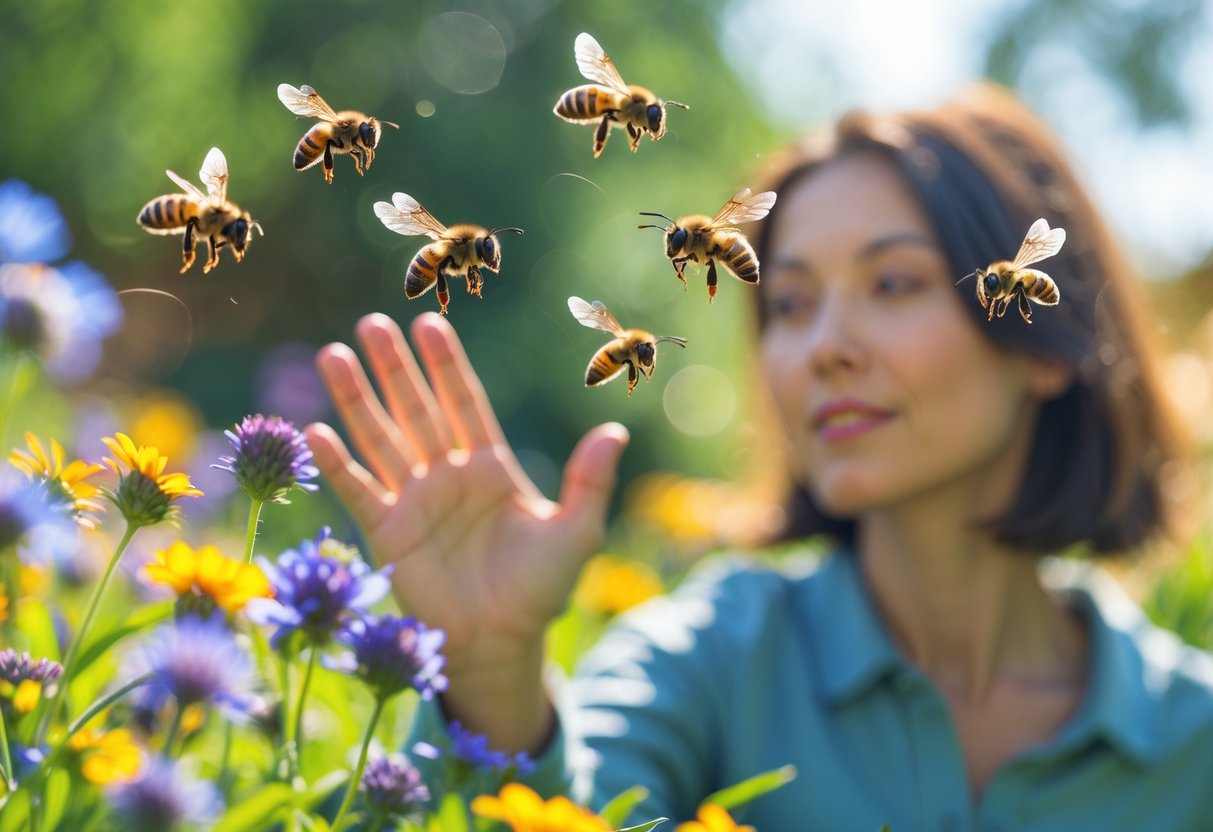 A person in a garden gently waving at bees flying nearby among flowers.
