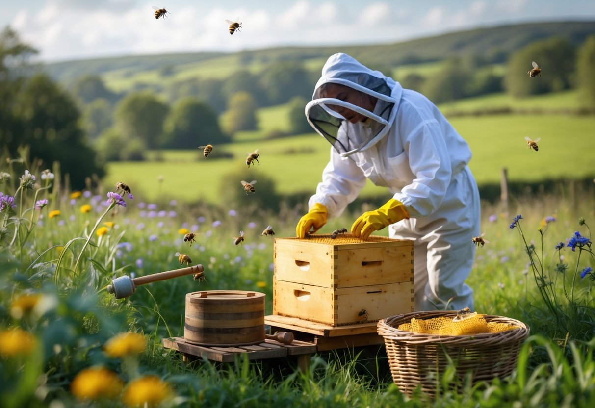 A beekeeper in protective clothing tending to a wooden beehive in a green countryside with wildflowers and hills, surrounded by honeybees and rustic beekeeping tools.