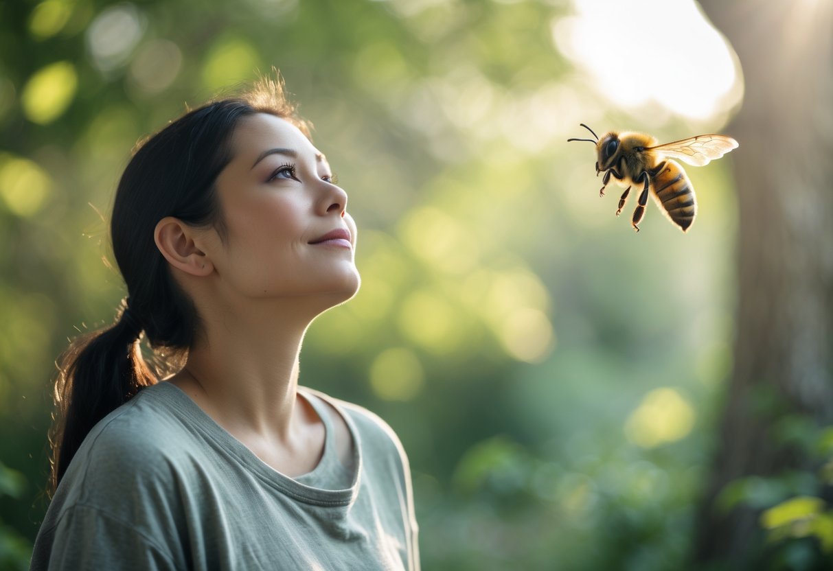A person outdoors calmly standing still while a bee flies nearby in a green natural setting.