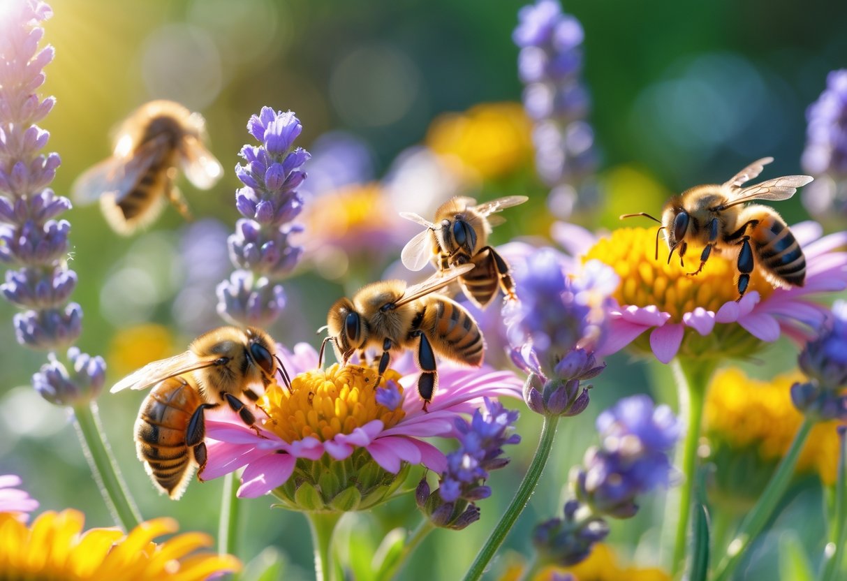 Close-up of bees pollinating colorful flowers in a sunlit garden.