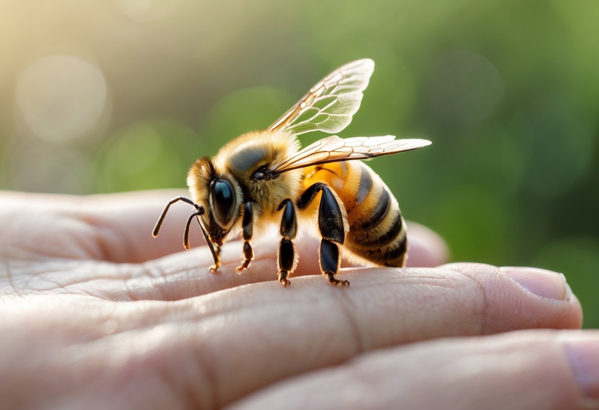 A honeybee resting gently on a person's hand outdoors.
