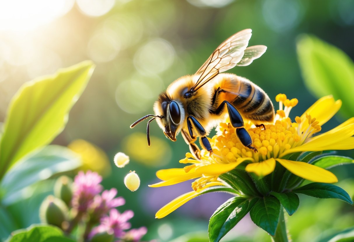 A close-up of a honeybee collecting nectar from a yellow flower surrounded by green leaves and colorful blossoms.
