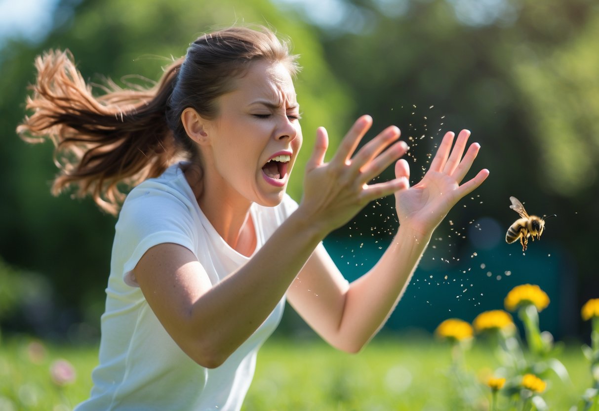 A person outdoors panicking and swatting at a bee flying close to them.