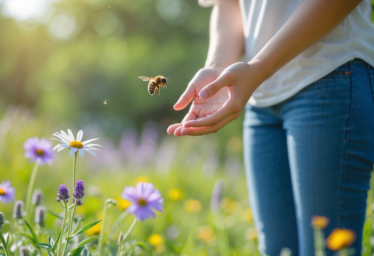 A person calmly observing a bee hovering near flowers in a sunny garden.