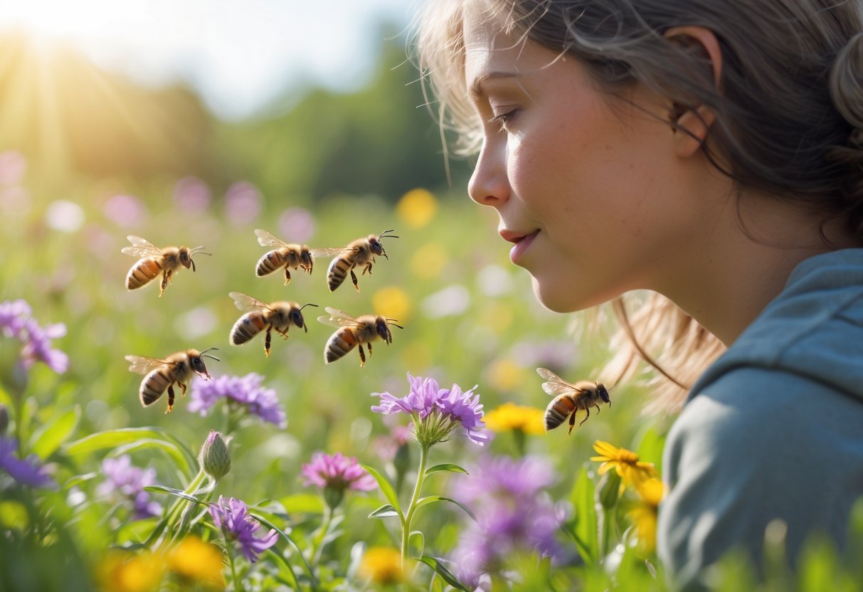 A person calmly watching bees flying near flowers in a sunlit meadow.