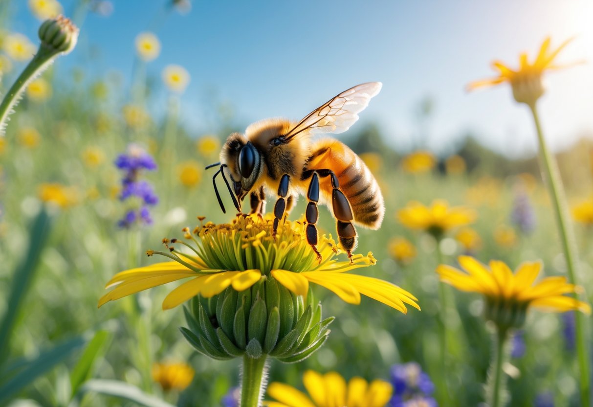 A honeybee collecting nectar from a yellow flower in a meadow filled with wildflowers under a clear blue sky.