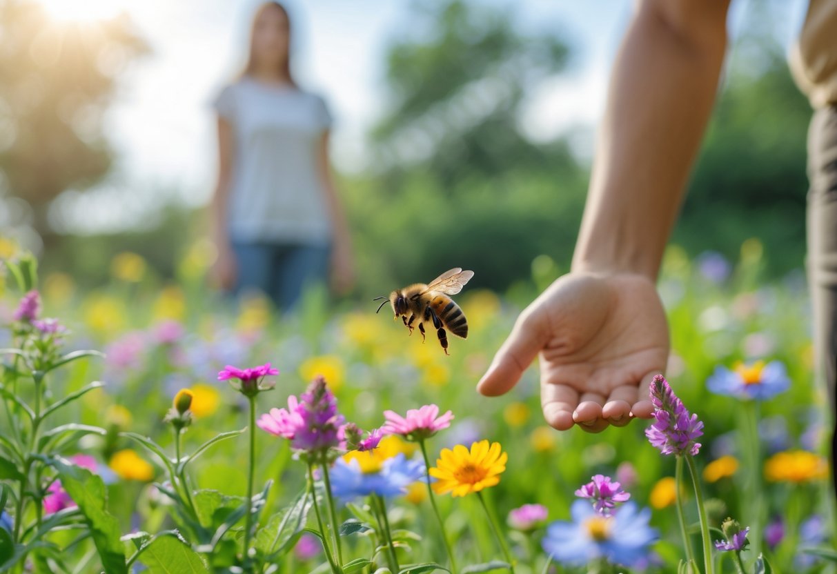 A person standing calmly near flowers while a bee hovers close by, showing a peaceful interaction in a garden.