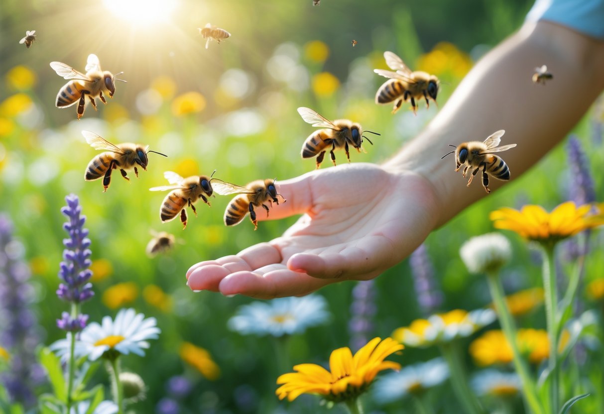 A person’s hand gently moving away while bees fly nearby among colorful flowers in a sunlit garden.