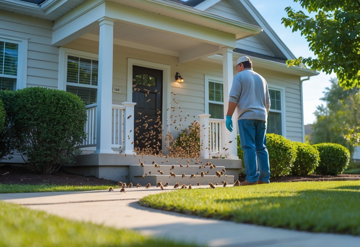 A suburban house with bees swarming near the front porch and a person standing nearby watching them.
