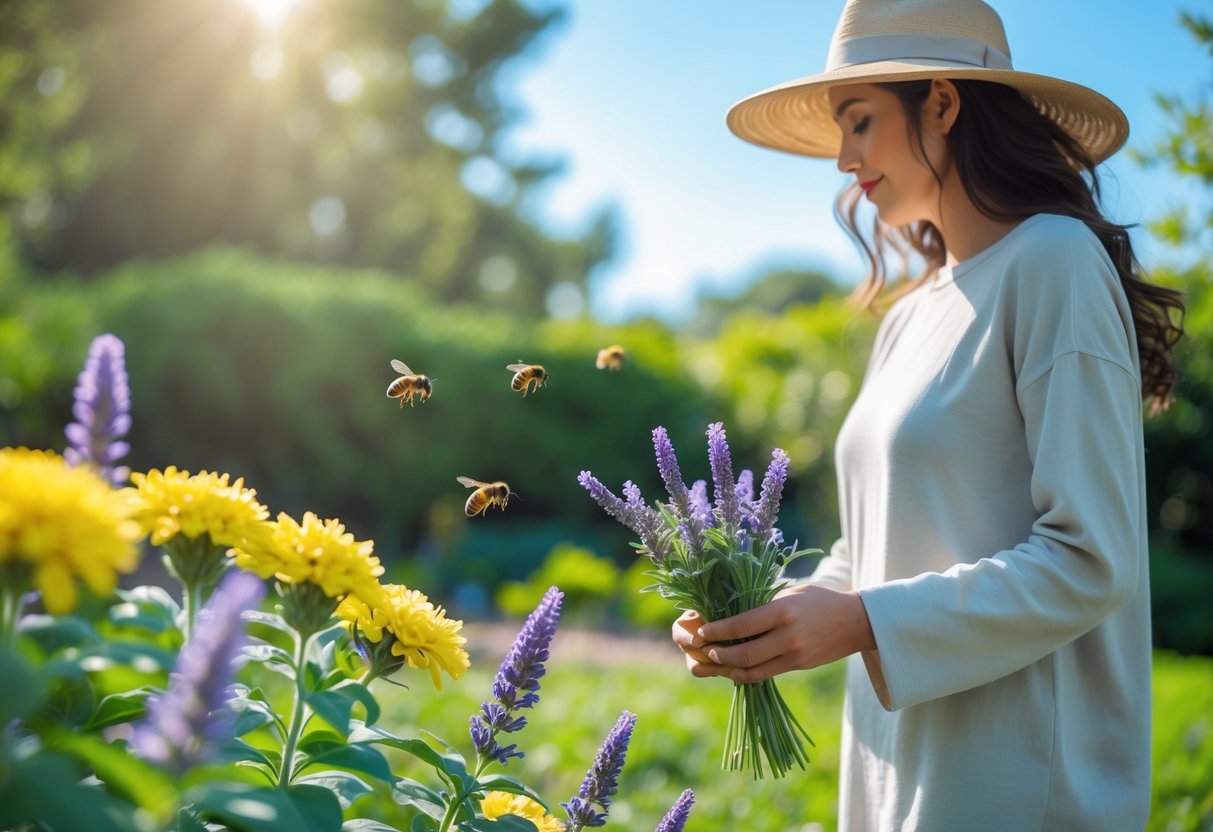 A person wearing light long sleeves and a wide-brimmed hat gently moving away from a yellow flower with a bee hovering nearby in a sunny garden.