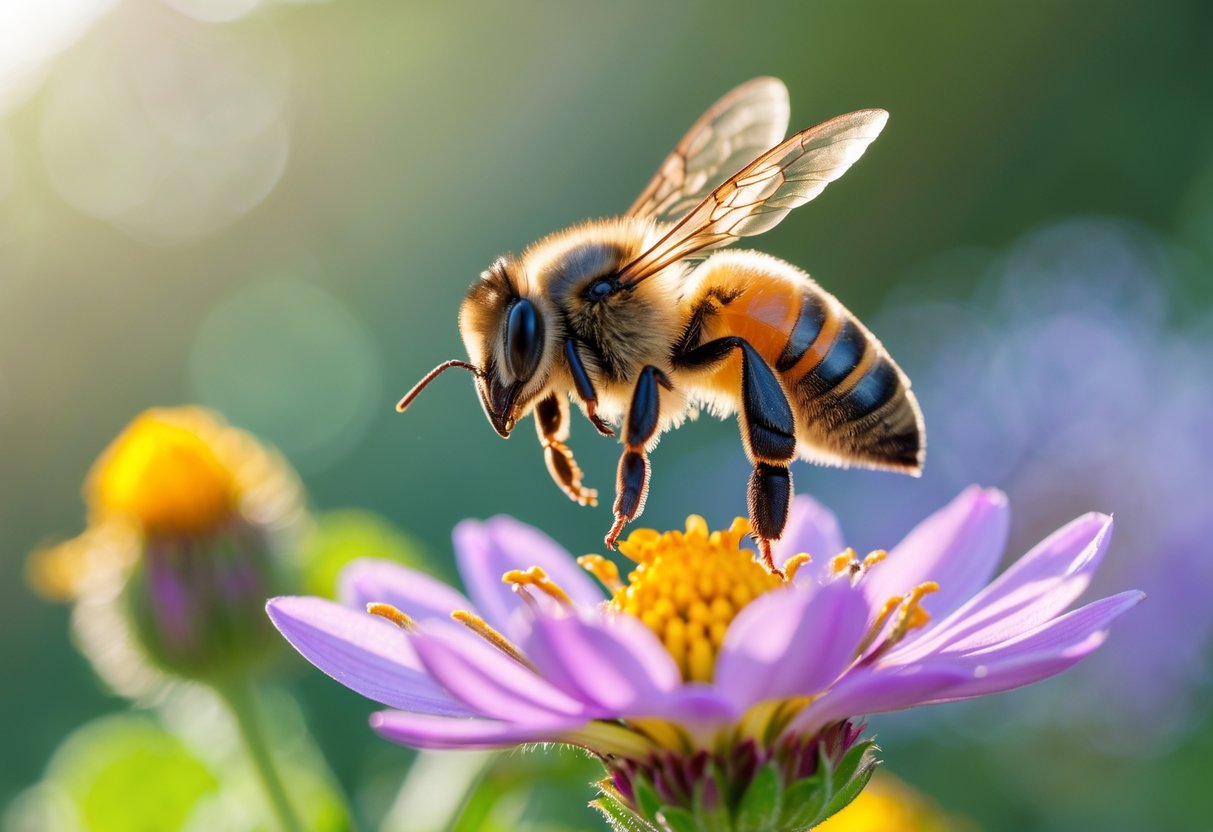A bee flying towards a colorful flower with green plants in the background.