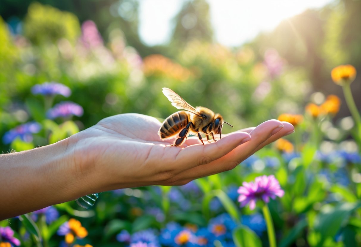 A bee gently landing on a person's outstretched hand in a garden with flowers.