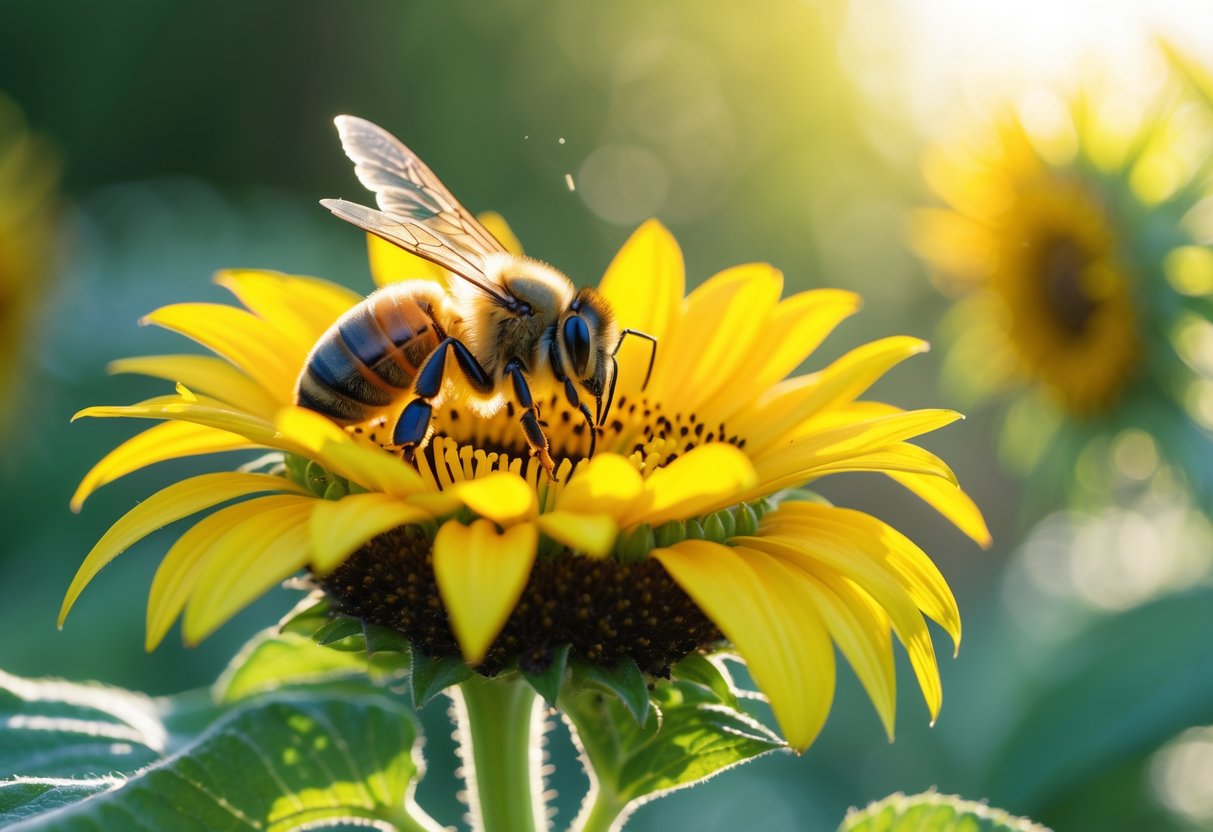 A honeybee resting on a yellow sunflower with green leaves in the background.