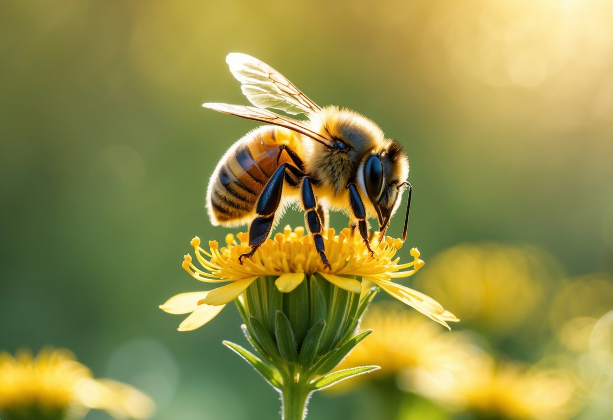 Close-up of a honeybee resting on a yellow flower with a blurred green and gold background.