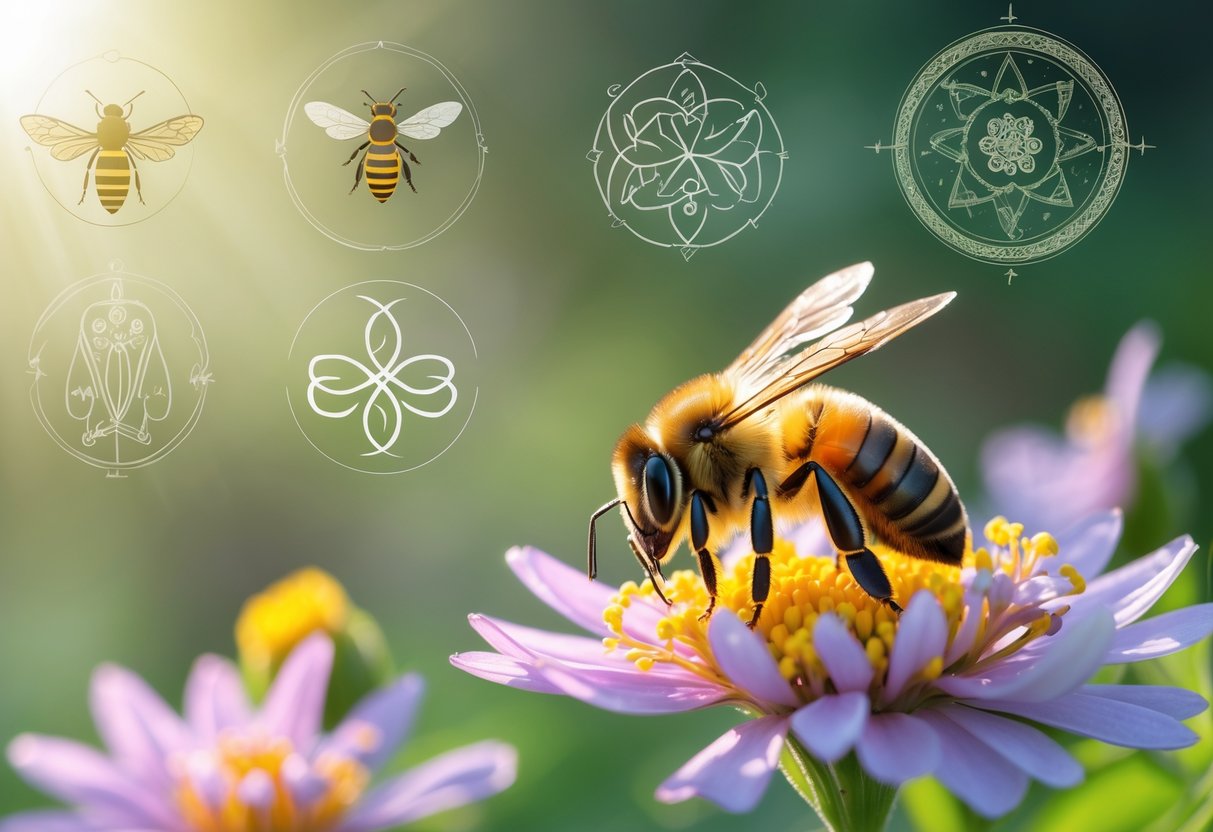 A close-up of a honeybee on a flower surrounded by faint cultural symbols representing different interpretations of bees.