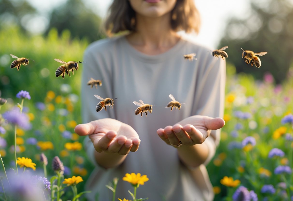 A person standing calmly in a garden with bees flying gently around their hands and face.