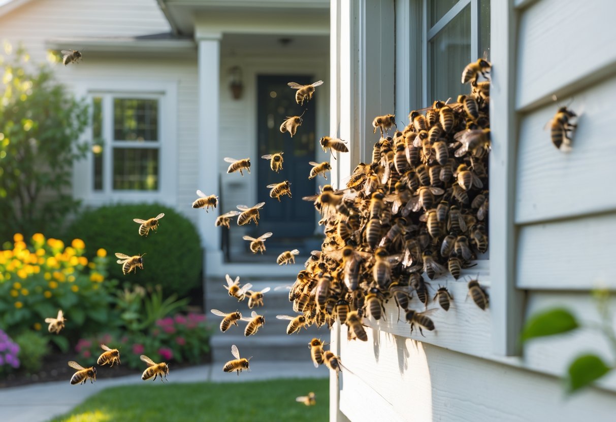 A swarm of bees clustered on the corner of a suburban house near the front door surrounded by greenery.