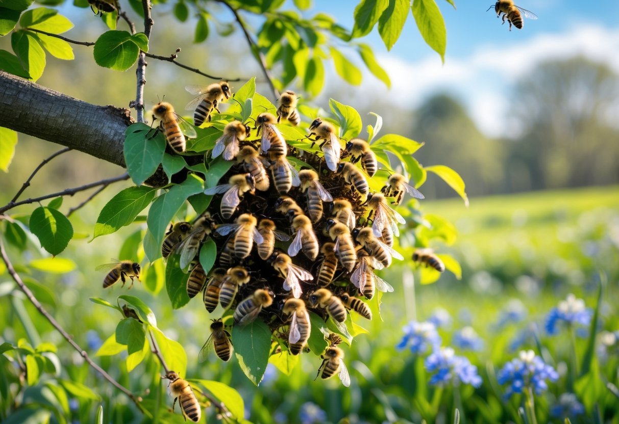 A cluster of honeybees swarming on a tree branch with green leaves and wildflowers in a sunny countryside setting.