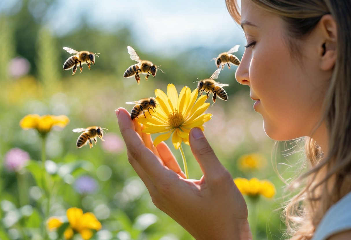 A person outdoors holding a yellow flower with bees hovering around it.