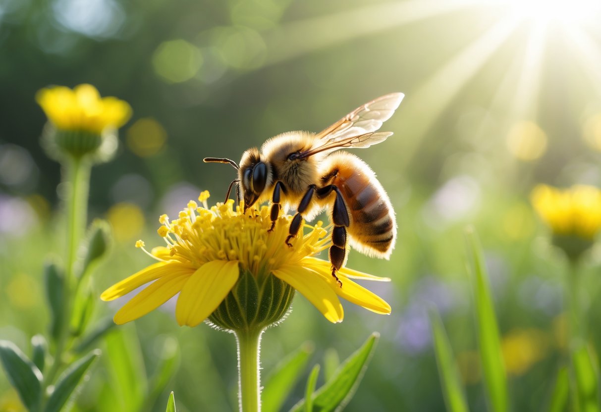 A close-up of a bee collecting pollen on a yellow flower in a sunlit meadow with green foliage in the background.