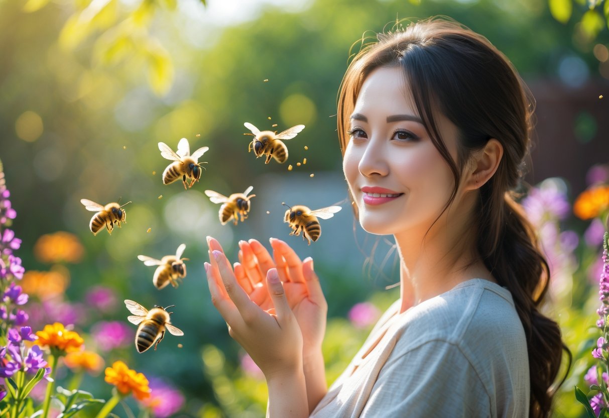 A woman standing in a garden with bees flying around her near flowers.