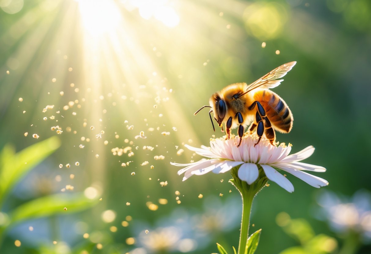A close-up of a honeybee on a flower in a sunlit garden with soft light and green foliage in the background.