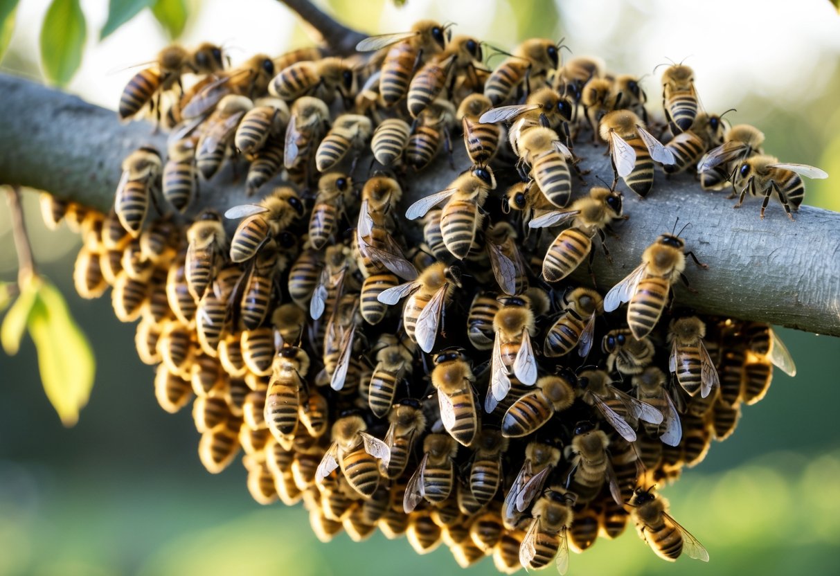 A large swarm of honeybees clustered densely on a tree branch outdoors.
