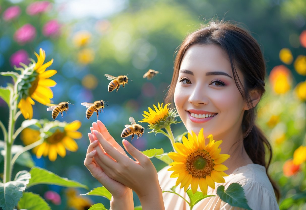 A smiling woman holding a sunflower with honeybees flying around her hands in a garden.