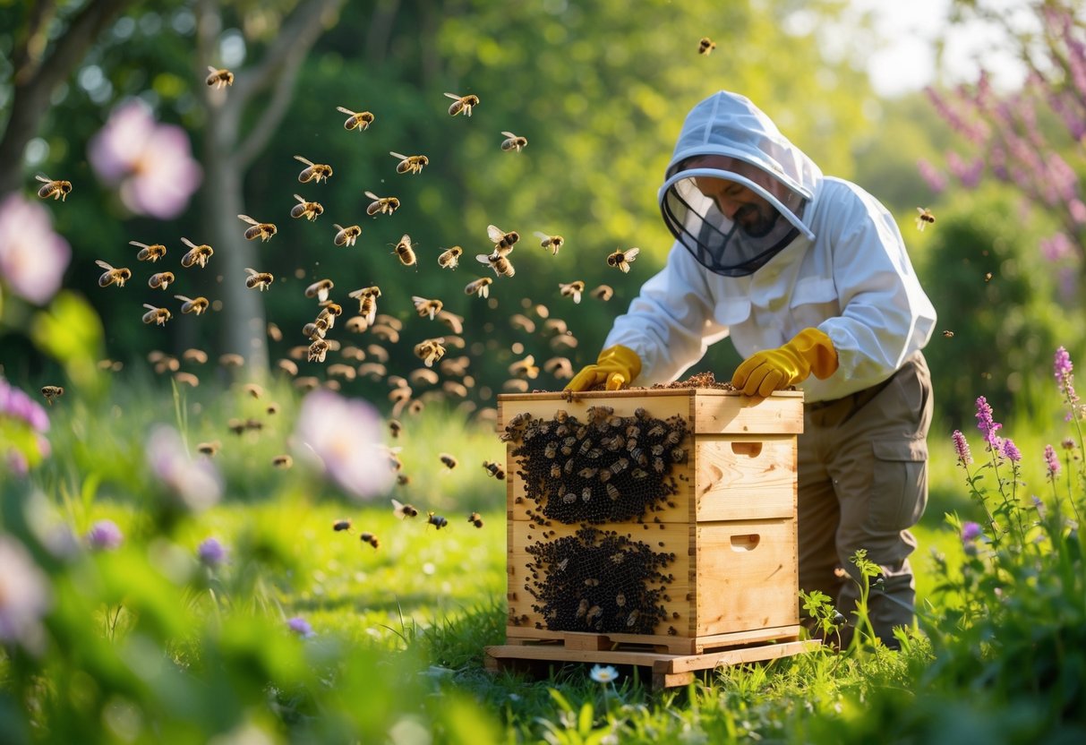 A beekeeper in protective gear inspecting a wooden beehive with bees flying around in a green garden with flowers.