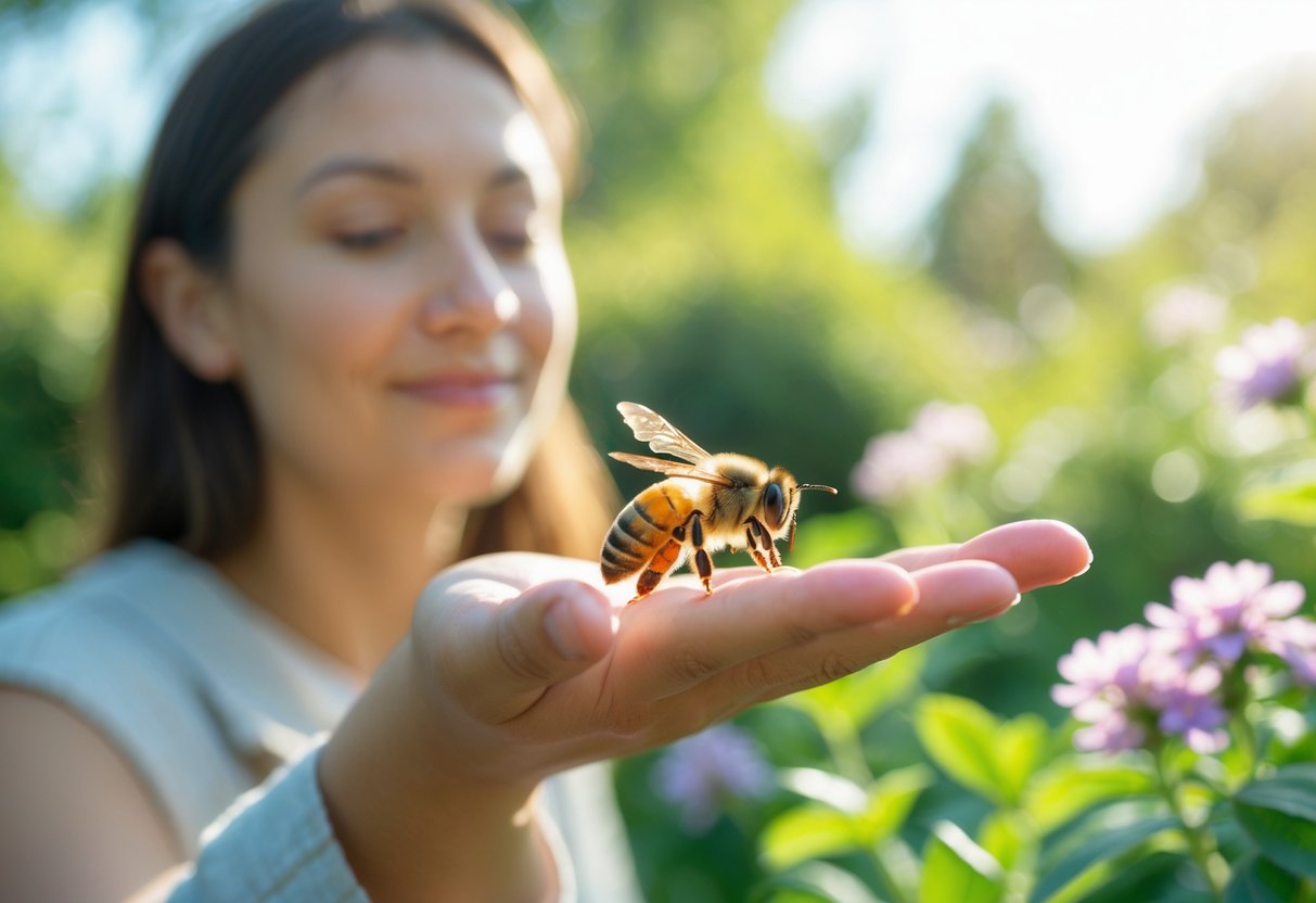 A person calmly holding out their finger with a honeybee perched on it in a garden with flowers.