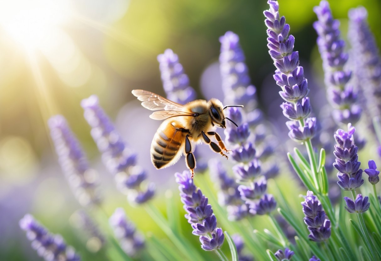 A honeybee flying near purple lavender flowers in a sunlit garden.