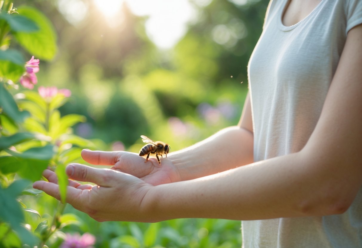 A person standing still outdoors with a bee resting on their arm in a garden.