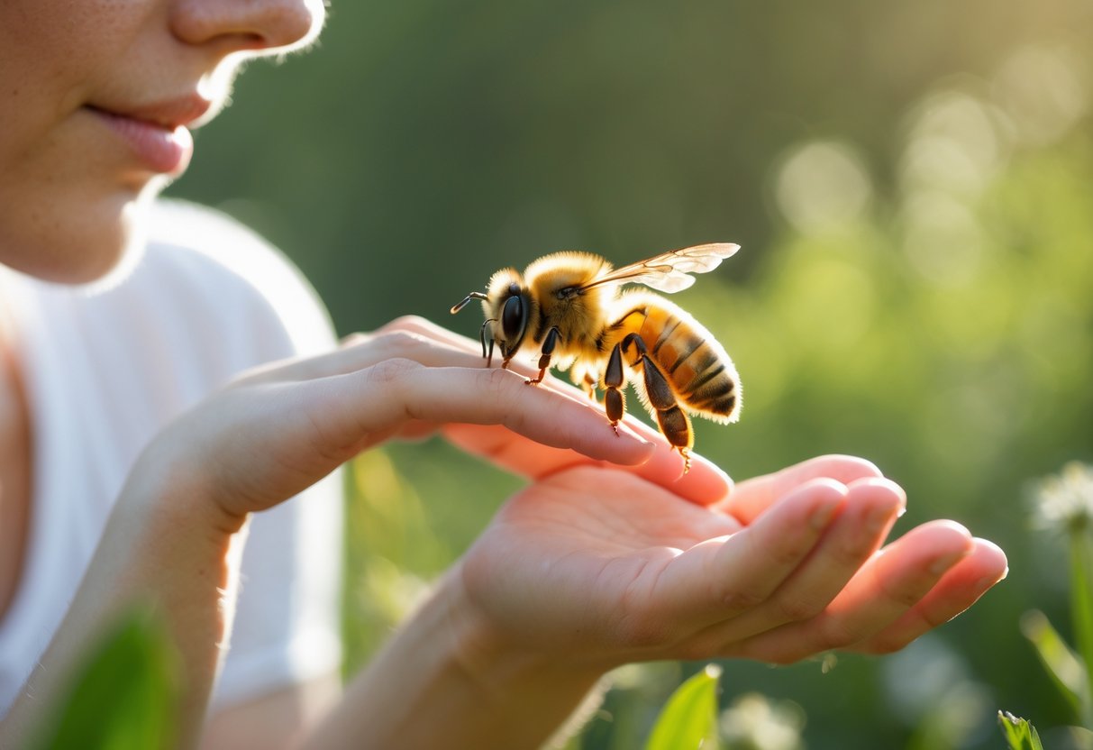 A person calmly observing a honeybee resting on their hand outdoors with green blurred background.