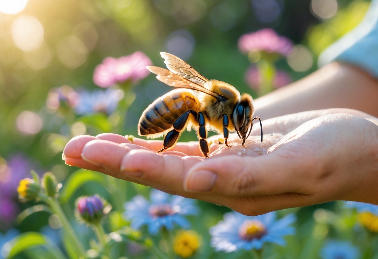A honeybee landing on a person's hand surrounded by flowers in a garden.