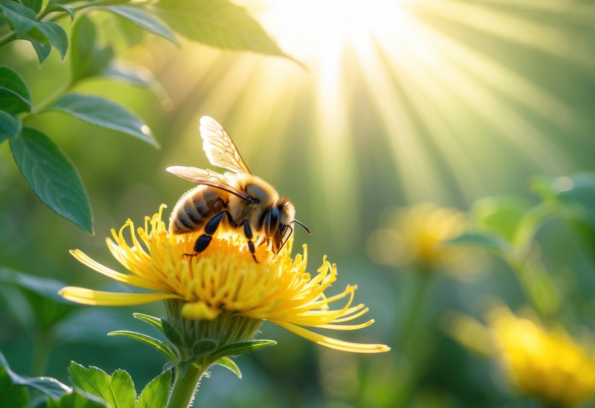 A bee sitting on a yellow flower with green leaves and sunlight in the background.