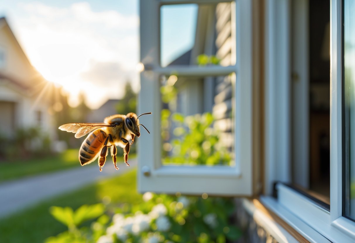 A honeybee landing on an open window of a suburban house surrounded by greenery on a sunny day.