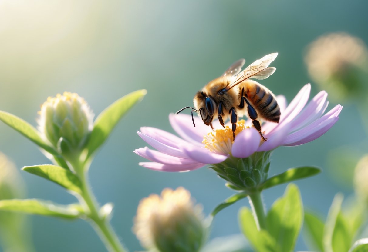A close-up of a bee sitting on a vibrant flower surrounded by green leaves and soft sunlight.