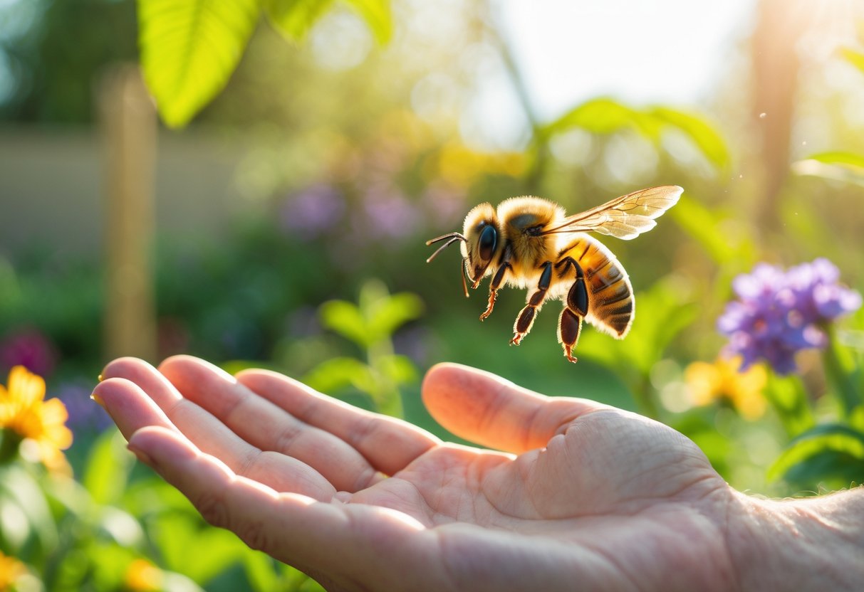 A honeybee hovering near a person's outstretched hand in a garden with green plants and flowers.
