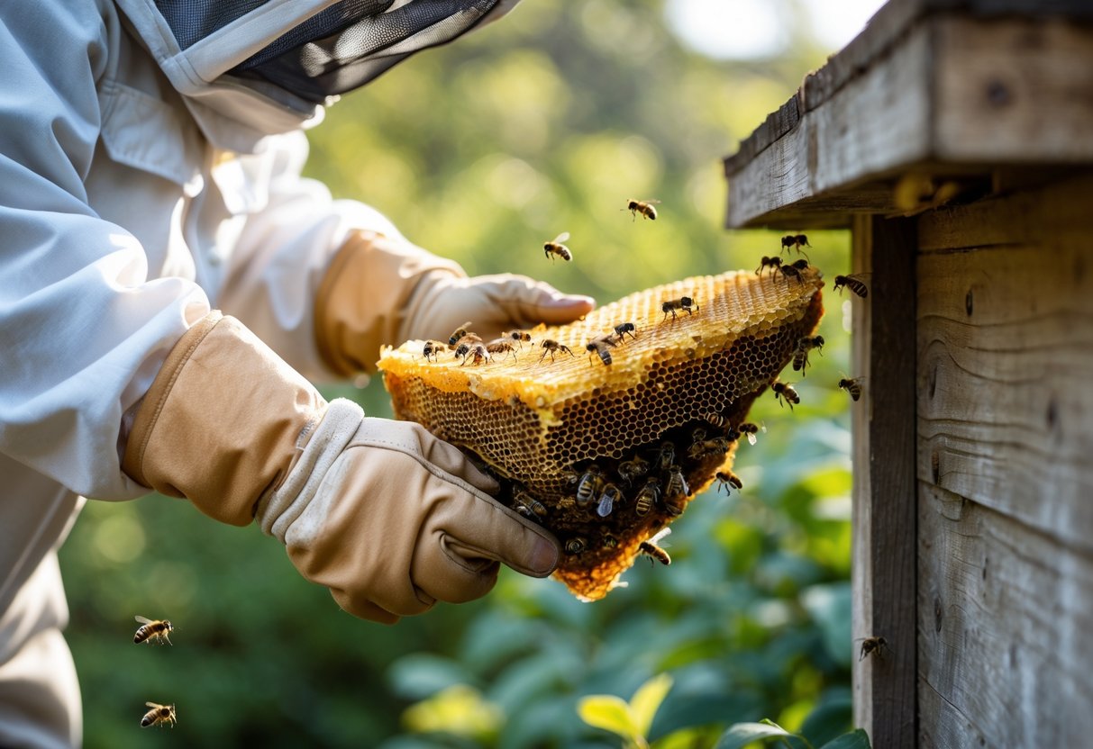 A person in protective gloves and beekeeper suit inspecting a honey bee nest on a wooden structure outdoors.