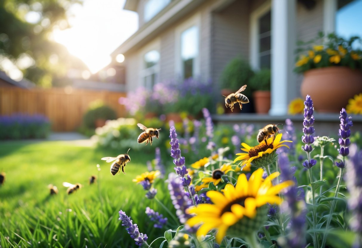 Bees collecting nectar from colorful flowers in a garden outside a house.
